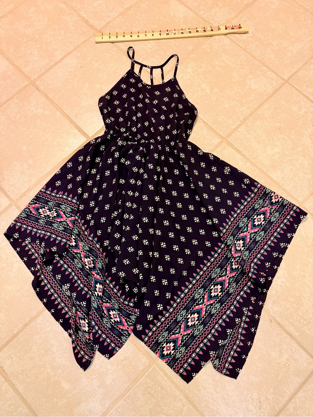 Soprano Girls Size 14 Black Geometric Print Handkerchief Hem Dress